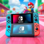 A sleek Nintendo Switch 2 console in handheld mode with Joy-Con 2 controllers attached, docked on a vibrant background featuring dynamic weather effects from Mario Kart World, showcasing its 7.9-inch LCD screen and magnetic controller design.