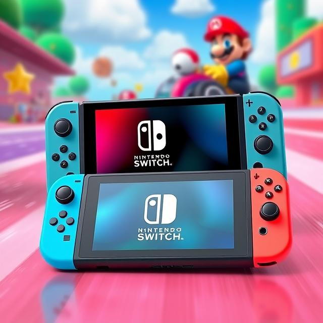 A sleek Nintendo Switch 2 console in handheld mode with Joy-Con 2 controllers attached, docked on a vibrant background featuring dynamic weather effects from Mario Kart World, showcasing its 7.9-inch LCD screen and magnetic controller design.
