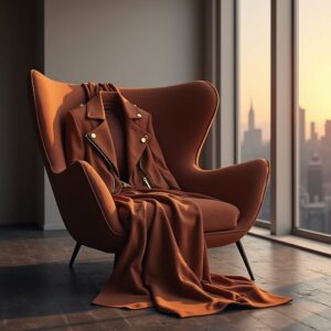 "A stylish brown suede jacket displayed on a hanger against a neutral background, showcasing its soft texture and luxurious appeal."